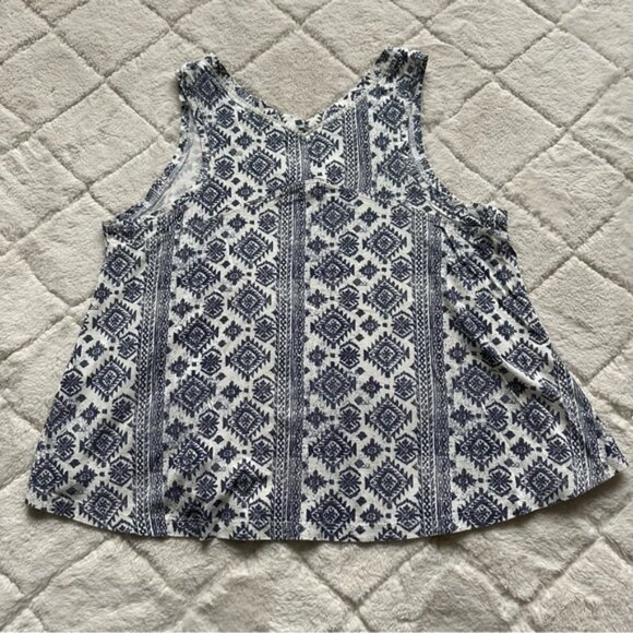 Lucky Brand | Blue and White Tribal Print Double V-neck Tank Top | Size Small - Picture 2 of 9